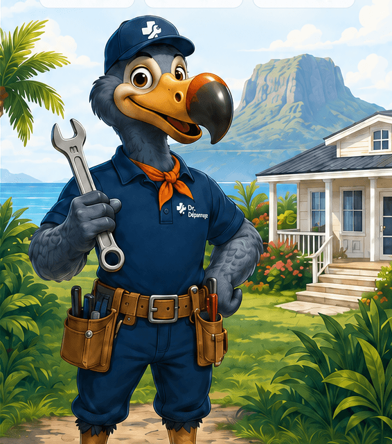 Dr. Depannage technician mascot holding a wrench in front of a Mauritian home